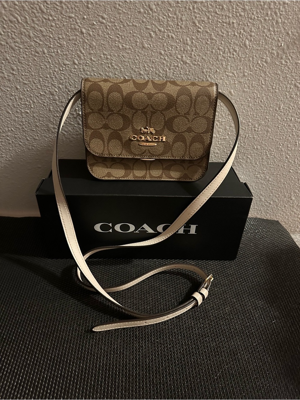 Coach Signature Small Crossbody in Khaki/Tan with Ivory Strap